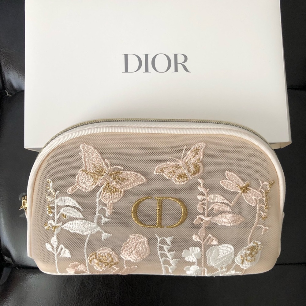 Dior Cream Floral Cosmetic Pouch with Gold Hardware